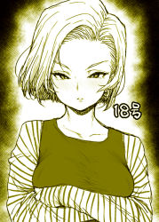 Rule 34 | 1girl, android 18, crossed arms, dragon ball, earrings, female focus, jewelry, monochrome, parted lips, ponsuke (pon00000), short hair, solo