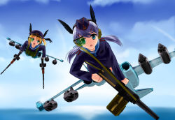 Rule 34 | 2girls, cloud, day, full body, grenade launcher, gun, hair ornament, hat, head-mounted display, head wings, load bearing vest, military, military uniform, mizuki (mizuki ame), multiple girls, ocean, scouter, sky, strike witches, strike witches 1991, striker unit, twintails, uniform, weapon, wings, world witches series