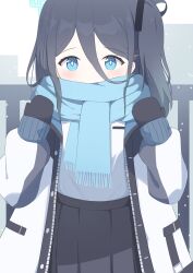 Rule 34 | 1girl, absurdly long hair, absurdres, aris (blue archive), black hair, black mittens, black skirt, blue archive, blue eyes, blue scarf, blush, fringe trim, highres, icetea (8862), jacket, long hair, long sleeves, looking at viewer, mittens, one side up, open clothes, open jacket, pleated skirt, ringed eyes, scarf, skirt, solo, very long hair, white jacket