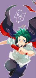Rule 34 | 1girl, antennae, black pants, blue eyes, blush, cape, closed mouth, commentary request, dated, flat chest, foot out of frame, green hair, looking at viewer, outline, pants, purple background, red cape, relay baton, reverse trap, running, shin&#039;ichi (yokosuka220), shirt, short hair, short sleeves, simple background, smile, solo, touhou, two-sided cape, two-sided fabric, white outline, white shirt, wriggle day, wriggle nightbug