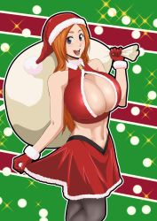 Rule 34 | bleach, blush, breasts, christmas, cleavage, cleavage cutout, clothing cutout, collar, gloves, green background, grey eyes, happy, hat, highres, holding, holding sack, huge breasts, inoue orihime, iwao178, long hair, midriff, navel, open mouth, orange hair, pantyhose, red background, sack, santa costume, santa gloves, santa hat, skirt