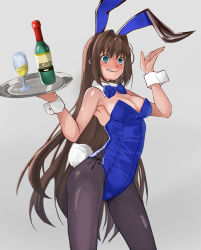 Rule 34 | 1girl, animal ears, aozaki aoko, black pantyhose, blue bow, blue bowtie, blue eyes, blue leotard, blush, bottle, bow, bowtie, breasts, brown hair, cleavage, commentary request, contrapposto, cup, detached collar, drinking glass, embarrassed, genshu doki, grey background, hair intakes, highres, large breasts, leotard, long hair, mahou tsukai no yoru, nose blush, pantyhose, playboy bunny, rabbit ears, rabbit tail, solo, standing, strapless, strapless leotard, tail, tray, wine bottle, wine glass, wrist cuffs