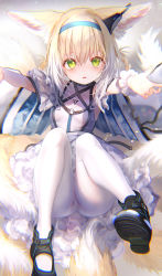 Rule 34 | 1girl, absurdres, animal ear fluff, animal ears, arknights, armband, arms up, ass, bare shoulders, black footwear, blonde hair, blue bow, blush, bow, braid, braided hair rings, breasts, cameltoe, commentary request, detached sleeves, dress, fluffy, foot up, fox ears, fox girl, fox tail, frilled armband, frilled dress, frills, frown, gluteal fold, green eyes, hair bow, head tilt, headgear, highres, hug, infection monitor (arknights), knees up, long dress, long hair, looking at viewer, multiple tails, pantyhose, parted lips, pottsness, shoes, sidelocks, small breasts, strap, suzuran (arknights), tagme, tail, tearing up, tears, thighs, twin braids, twintails, white dress, white pantyhose