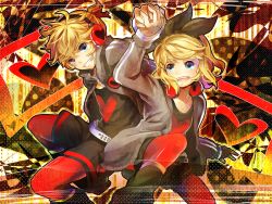 Rule 34 | 1boy, 1girl, belt, blonde hair, bow, brother and sister, fingerless gloves, gloves, grin, hair bow, holding hands, headphones, heart, heart-shaped pupils, hetero, kagamine len, kagamine rin, lulu season, open mouth, pantyhose, short hair, shorts, siblings, smile, studded belt, symbol-shaped pupils, twins, unhappy refrain (vocaloid), vocaloid