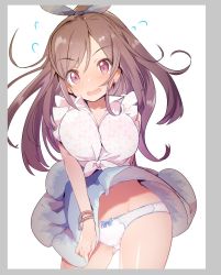 Rule 34 | 1girl, bad id, bad twitter id, blush, breasts, brown hair, caburi, commentary request, eyes visible through hair, flying sweatdrops, gluteal fold, groin, hair ribbon, highres, idolmaster, idolmaster shiny colors, large breasts, open mouth, panties, red eyes, ribbon, skirt, solo, tsukioka kogane, underwear, upskirt, wavy mouth