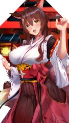 Rule 34 | 1girl, absurdres, ahoge, animal ears, blush, bow, breasts, brown hair, butterfly hair ornament, commentary request, cowboy shot, detached sleeves, fox ears, fox girl, fox tail, fumi (nijisanji), hair between eyes, hair ornament, hakama, hakama skirt, highres, huge filesize, japanese clothes, large breasts, long hair, long sleeves, looking at viewer, miko, mugichapossible, nijisanji, obi, open mouth, red bow, red hakama, sash, skirt, smile, solo, standing, tabi, tail, virtual youtuber, wide sleeves, yellow eyes