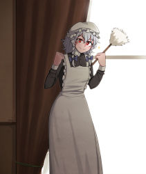 Rule 34 | apron, black dress, braid, curtains, dress, duplicate, feathers, frilled apron, frills, hat, highres, izayoi sakuya, juliet sleeves, long dress, long sleeves, maid, maid apron, maid headdress, mata (matasoup), mob cap, pixel-perfect duplicate, puffy sleeves, red eyes, short hair, silver hair, solo, touhou, twin braids, victorian, victorian maid, white apron, window