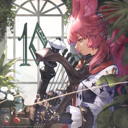Rule 34 | 1girl, animal ears, closed mouth, coat, copyright notice, day, final fantasy, final fantasy xiv, fingerless gloves, from side, gloves, green eyes, harp, high ponytail, highres, holding, holding instrument, indoors, instrument, long hair, long sleeves, looking at object, music, musical note, official art, plant, playing instrument, profile, rabbit ears, red eyes, smile, solo, upper body, viera, warrior of light (ff14), window