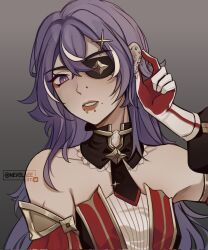Rule 34 | 1girl, bare shoulders, black necktie, chevreuse (genshin impact), commentary, detached collar, detached sleeves, dress, eyeliner, eyepatch, genshin impact, gloves, grey background, hair ornament, highres, long hair, looking at viewer, makeup, multicolored hair, necktie, nevu (nevulaee), no headwear, parted lips, purple eyes, purple hair, red lips, solo, strapless, strapless dress, streaked hair, upper body, very long hair, white hair