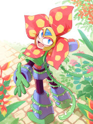 Rule 34 | 1boy, arm cannon, blue eyes, commentary request, day, flower, full body, highres, kinusaya endow, looking back, male focus, mega man (classic), mega man (series), mega man 6, no humans, plant, plant man, robot, smile, solo, weapon