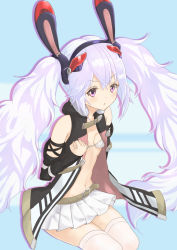 Rule 34 | 1girl, animal ears, azur lane, bare shoulders, belt, belt buckle, bikini, bikini top only, bikini under clothes, black hairband, black jacket, blush, breasts, brown belt, buckle, commentary request, detached sleeves, hair between eyes, hair ornament, hairband, highres, jacket, laffey (azur lane), laffey (retrofit) (azur lane), long hair, long sleeves, looking at viewer, medium breasts, open clothes, open jacket, parted lips, pink eyes, pleated skirt, rabbit ears, silver hair, sitting, skirt, sleeveless, sleeveless jacket, solo, swimsuit, thighhighs, twintails, v-shaped eyebrows, very long hair, white bikini, white skirt, white thighhighs
