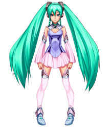 Rule 34 | 1girl, alternate costume, aqua eyes, aqua hair, bad id, bad pixiv id, cleavage cutout, clothing cutout, detached sleeves, female focus, full body, hatsune miku, long hair, popobobo, simple background, skirt, solo, thighhighs, twintails, very long hair, vocaloid, white background