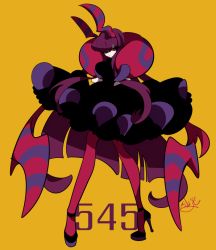 Rule 34 | 1girl, antennae, black dress, breasts, colored sclera, creatures (company), dress, female focus, full body, game freak, gen 5 pokemon, hair over one eye, high heels, large breasts, long hair, nintendo, pantyhose, personification, pokedex number, pokemon, pokemon bw, purple eyes, purple footwear, purple hair, red pantyhose, sameyama jiro, scolipede, shoes, signature, simple background, solo, standing, text focus, twintails, yellow background, yellow sclera