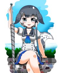 Rule 34 | 10s, absurdres, blunt bangs, crossed legs, day, fins, fish tail, head fins, highres, hoyeechun, kemono friends, long hair, narwhal (kemono friends), open mouth, outdoors, sitting, sitting on wall, solo, tail, very long hair, weapon
