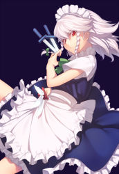Rule 34 | 1girl, apron, between fingers, blue background, blue dress, bow, braid, cowboy shot, dress, frilled apron, frills, green bow, green ribbon, hair between eyes, hair bow, holding, holding knife, holding weapon, izayoi sakuya, kaiza (rider000), knife, knives between fingers, looking at viewer, maid, maid apron, maid headdress, neck ribbon, petticoat, red eyes, ribbon, short hair, short sleeves, silver hair, simple background, solo, touhou, twin braids, v-shaped eyebrows, waist apron, weapon, white apron