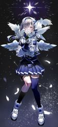 Rule 34 | 1girl, absurdres, amane kanata, amane kanata (work), angel wings, asymmetrical legwear, bird, black gloves, black socks, blue hair, blue skirt, blue thighhighs, commentary, covering own mouth, dove, eyes visible through hair, feathered wings, feathers, flower, fudepenbrushpen, full body, gloves, hair over one eye, highres, holding, holding flower, hololive, jacket, kneehighs, long sleeves, looking at viewer, mismatched legwear, multicolored hair, multiple wings, partially fingerless gloves, pink hair, pleated skirt, purple eyes, shoes, silver hair, single kneehigh, single sock, single thighhigh, skirt, socks, solo, streaked hair, thigh strap, thighhighs, uneven legwear, virtual youtuber, white flower, white footwear, white jacket, wings