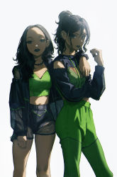 Rule 34 | 2girls, absurdres, arm on another&#039;s shoulder, black hair, black nails, green pants, green shirt, highres, jacket, jewelry, legs, lip piercing, lipstick, looking at viewer, makeup, midriff, multiple girls, multiple piercings, nail polish, necklace, original, pants, parted lips, piercing, ponytail, shirt, short shorts, shorts, torn clothes, wang-xi, windbreaker