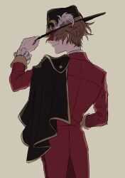 Rule 34 | 1boy, absurdres, black capelet, black hat, brown hair, burn scar, capelet, coat, covered eyes, cowboy shot, fedora, frilled sleeves, frills, from behind, hanakiri22, hand on headwear, hand on own hip, hat, hat feather, hat tip, highres, identity v, long sleeves, male focus, mask, norton campbell, norton campbell (ronald of nice), official alternate costume, pants, parted bangs, profile, red coat, red pants, scar, shirt, short hair, side cape, simple background, sleeve cuffs, smile, solo, tailcoat, white shirt, yellow background