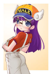 Rule 34 | 1girl, baseball cap, blush, child, clothes writing, dr. slump, female focus, flat chest, from behind, glasses, hat, head wings, long hair, looking at viewer, norimaki arale, overalls, purple eyes, purple hair, shirt, simple background, solo, t-shirt, tomcat, upper body, winged hat, wings