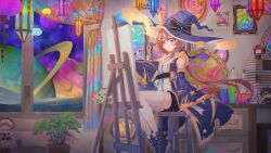 Rule 34 | 1girl, absurdres, blue eyes, bottle, character doll, character request, detached sleeves, easel, hat, highres, indie virtual youtuber, multicolored hair, orange hair, painting (action), painting (object), planet, plant, potted plant, rune (dualhart), scenery, sitting, solo, space, streaked hair, virtual youtuber, wide sleeves, witch hat