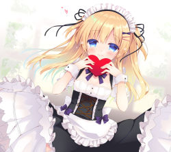 Rule 34 | 1girl, apron, black skirt, blonde hair, blue eyes, blush, bow, breasts, closed mouth, commentary request, detached sleeves, frilled apron, frilled skirt, frills, hands up, heart, holding, holding heart, long hair, maid, maid headdress, one side up, original, puffy short sleeves, puffy sleeves, purinpurin, purple bow, shirt, short sleeves, skirt, small breasts, smile, solo, very long hair, white apron, white shirt, white sleeves, wrist cuffs
