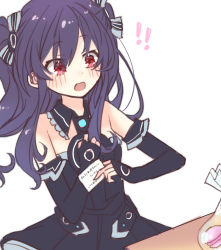 Rule 34 | annoyed, bare shoulders, black hair, blush, breasts, card, collar, dress, flustered, gloves, highres, long hair, moya 44444, neptune (series), open mouth, red eyes, skirt, small breasts, surprised, table, tsundere, twintails, two side up, uni (neptunia), white background