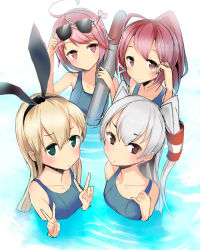 Rule 34 | 10s, 4girls, amatsukaze (kancolle), bad id, bad pixiv id, blonde hair, blue eyes, double v, gradient background, grey eyes, guranyto, i-168 (kancolle), i-58 (kancolle), kantai collection, multiple girls, one-piece swimsuit, partially submerged, pink eyes, pink hair, ponytail, red eyes, red hair, school swimsuit, shimakaze (kancolle), short hair, sunglasses, sunglasses on head, swimsuit, torpedo, twintails, two side up, type 95 torpedo, v