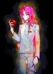 Rule 34 | 1boy, absurdres, ahoge, blood, blood on face, blood on hands, chinese commentary, commentary request, cowboy shot, flower, hatsutori hajime, highres, holding, holding flower, kyoko (akakikyoko), long hair, long sleeves, male focus, pants, parted bangs, pink hair, red eyes, saibou shinkyoku, shirt, smile, solo, white flower, white pants, white shirt