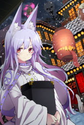 Rule 34 | 1girl, animal ears, blush, breasts, building, commentary request, fox, fox ears, fox girl, fox tail, holding, japanese clothes, lantern, long hair, looking at viewer, night, noa (nagareboshi), original, outdoors, purple hair, red eyes, skeleton, smile, solo, tail, wide sleeves, yellow eyes