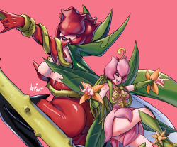 Rule 34 | 2girls, ass, breasts, digimon, fairy, highres, lilimon, lipstick, makeup, multiple girls, nail polish, plant, rosemon, smile, thorns