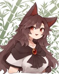 Rule 34 | 1girl, animal ear fluff, animal ears, bamboo, blush, brooch, brown hair, dress, fang, hair between eyes, highres, imaizumi kagerou, jewelry, kaginoni, long hair, open mouth, red eyes, short sleeves, smile, solo, touhou, upper body, white dress, wolf ears