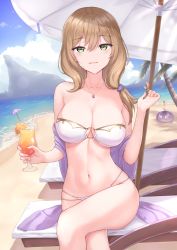 Rule 34 | !, 1girl, bandeau, bare shoulders, beach, beach chair, beach umbrella, bikini, blue sky, breasts, brown hair, cleavage, cliff, crossed legs, cup, day, drinking glass, drinking straw, female focus, food, fruit, genshin impact, gold trim, green eyes, hair between eyes, highres, jewelry, large breasts, lisa (genshin impact), long hair, looking at viewer, marinesnow, navel, necklace, o-ring, o-ring bikini, open mouth, orange (fruit), orange slice, outdoors, playing with own hair, shawl, sitting, sky, smile, solo, stomach, strapless, strapless bikini, swimsuit, umbrella, water, white bikini