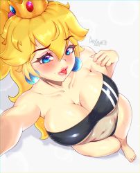Rule 34 | 1girl, artist name, bad id, bad twitter id, bandeau, bare arms, bare shoulders, barefoot, belly, black bandeau, black panties, blonde hair, blue eyes, blush, breasts, cleavage, collarbone, crown, darkmoney, earrings, eyelashes, eyeshadow, fingernails, full body, glint, hair between eyes, hair tie, hand up, highres, jewelry, large breasts, lips, long fingernails, long hair, looking at viewer, makeup, mario (series), navel, nintendo, open mouth, panties, pink eyeshadow, ponytail, princess peach, saliva, see-through, shadow, shiny skin, simple background, solo, super mario bros. 1, teeth, thick lips, tongue, tongue out, underwear, upper teeth only, white background