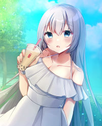 Rule 34 | 1girl, bad id, bad pixiv id, bare shoulders, blue eyes, blue sky, blush, breasts, bubble tea, cleavage, cloud, collarbone, commentary request, cup, day, disposable cup, dress, drinking straw, fingernails, grey dress, grey hair, hair between eyes, hand up, highres, holding, holding cup, long hair, looking at viewer, minami saki, off-shoulder dress, off shoulder, original, outdoors, parted lips, sky, smile, solo, tree, very long hair