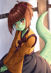 Rule 34 | 1girl, anak zahard, black skirt, blush, brown eyes, colored skin, commentary, english commentary, green skin, hair ribbon, highres, indoors, long sleeves, looking at viewer, monster girl, pattikou, pink ribbon, ribbon, short hair, sitting, skirt, tail, tower of god, wide sleeves