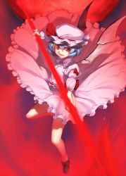 Rule 34 | 1girl, bat wings, blue hair, circle skirt, clothes lift, commentary request, fang, full body, hat, hat ribbon, kaiza (rider000), long sleeves, looking at viewer, mob cap, moon, open mouth, puffy sleeves, red background, red eyes, red moon, remilia scarlet, ribbon, sash, shirt, shoes, short hair, skirt, skirt lift, skirt set, slit pupils, smile, solo, spear the gungnir, touhou, wind, wind lift, wings