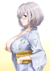 Rule 34 | 1girl, alternate costume, asymmetrical hair, blush, braid, breasts, bucket, closed mouth, commentary, cowboy shot, cowlick, flashing, floral print, french braid, from side, gradient background, green eyes, grey hair, grey kimono, hair between eyes, holding, holding bucket, hololive, japanese clothes, kimono, kosuke (bb), large breasts, looking at viewer, nipples, one breast out, profile, shirogane noel, short hair, simple background, single braid, smile, solo, standing, virtual youtuber, wide sleeves, yellow background