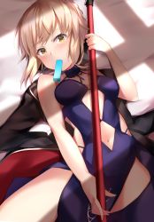 Rule 34 | 1girl, artoria pendragon (all), artoria pendragon (alter swimsuit rider) (fate), artoria pendragon (alter swimsuit rider) (third ascension) (fate), artoria pendragon (fate), bare arms, bare shoulders, black jacket, blonde hair, blue dress, braid, breasts, choker, clothing cutout, dress, eating, fate/grand order, fate (series), food, french braid, hair ribbon, highres, holding, jacket, unworn jacket, looking at viewer, lying, maosame, medium breasts, mouth hold, navel, navel cutout, on back, popsicle, ribbon, saber alter, shadow, short hair, sleeveless, sleeveless dress, solo, yellow eyes