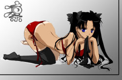 Rule 34 | 00s, 1girl, all fours, arched back, ass, back, barefoot, bikini, bikini tan, black hair, black thighhighs, blue eyes, bow, breasts, butt crack, character name, cleavage, fate/stay night, fate (series), framed, from side, gradient background, grey background, hair bow, hair over shoulder, head rest, long hair, looking at viewer, looking back, low twintails, mikami mika, mouth hold, narrow waist, red bikini, shadow, side-tie bikini bottom, single thighhigh, smile, solo, swimsuit, tan, tanline, thighhighs, tohsaka rin, translated, twintails, two side up, very long hair