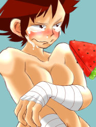 Rule 34 | 1girl, bad id, bad pixiv id, blush, breasts, brown eyes, brown hair, capcom, cleavage, covering privates, covering breasts, crying, crying with eyes open, food, fruit, hand wraps, highres, kochokocho, makoto (street fighter), nude, short hair, small breasts, solo, street fighter, tears, watermelon, wavy mouth, wrist wrap