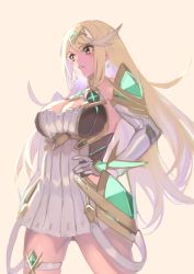 Rule 34 | 1girl, 4410 (kanimiso), absurdres, bare shoulders, blonde hair, breasts, commentary request, covered navel, dress, earrings, fingerless gloves, gem, gloves, hair ornament, headpiece, highres, jewelry, large breasts, long hair, mythra (xenoblade), nintendo, simple background, solo, swept bangs, tiara, very long hair, white dress, xenoblade chronicles (series), xenoblade chronicles 2, yellow eyes