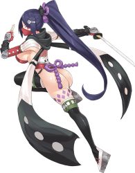 Rule 34 | 1girl, artist request, ass, breasts, covered mouth, fingerless gloves, full body, gloves, hair ornament, hairclip, holding, holding weapon, huge breasts, katana, leotard, long hair, looking back, mask, mouth mask, nikki yakata (oshiro project), ninja, official art, oshiro project:re, oshiro project:re, ponytail, purple hair, sleeveless, solo, sword, thighhighs, transparent background, very long hair, weapon