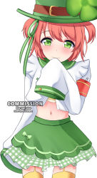 Rule 34 | 1girl, aldrin san, artist name, belly, blush, clover, commission, fuyo cloverfield, green eyes, highres, idol corp, long sleeves, navel, pink hair, short hair, simple background, skirt, sleeves past wrists, smile, thighhighs, thighs, virtual youtuber, white background