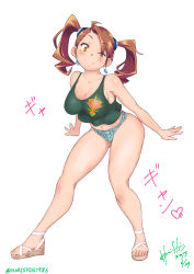Rule 34 | 10s, 1girl, arms at sides, breasts, brown hair, eyes visible through hair, female focus, full body, gundam, gundam build fighters, gundam build fighters try, hair ornament, highres, hori shin, large breasts, long hair, looking at viewer, meat day, midriff, one eye closed, orange eyes, sandals, sazaki kaoruko, short shorts, shorts, sideboob, simple background, smile, solo, standing, tank top, twintails