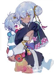 Rule 34 | 1boy, 1girl, :d, aged down, bacheally, blue hair, blush, carrying, child, child carry, closed mouth, cowboy shot, dark-skinned female, dark skin, detached sleeves, double bun, dress, fang, full body, hair between eyes, hair bun, hair ornament, highres, hug, long sleeves, looking at another, looking at viewer, merc storia, ofuda, open mouth, parted lips, red eyes, short hair, simple background, sitting, sitting on person, sketch, skin fang, sleeves past fingers, sleeves past wrists, smile, standing, teeth, white background, yellow eyes