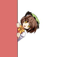 Rule 34 | 1girl, animal ears, around corner, bow, brown hair, cat ears, cat girl, chen, earrings, female focus, hat, hihachi, jewelry, long sleeves, looking at viewer, open mouth, peeking out, short hair, single earring, solo, touhou, yellow eyes