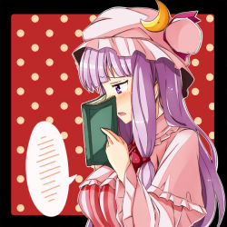 Rule 34 | 1girl, bad id, bad pixiv id, blush, book, bow, breasts, crescent, female focus, hair bow, hair ornament, hat, large breasts, long hair, long sleeves, nervous, open mouth, patchouli knowledge, purple eyes, purple hair, ribbon, solo, soto miyako, spoken blush, touhou, upper body