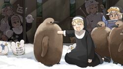 Rule 34 | 5girls, :d, @ @, bear hat, bird, black footwear, blonde hair, body writing, book, brown eyes, chicken, closed eyes, clumsy nun (diva), commentary, diva (hyxpk), duck, english commentary, froggy nun (diva), glasses, green hat, grey hair, habit, hat, highres, little nuns (diva), mind control, multiple girls, nun, open mouth, penguin, penguin chick, penguin hat, penguin keeper (diva), polar bear keeper (diva), round eyewear, seal keeper (diva), seal puppet, shirt, smile, tongue, tongue out, traditional nun, unworn eyewear, white headwear, white shirt, zoo, zookeeper, zookeepers (diva)