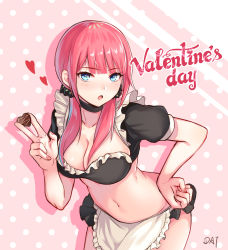 Rule 34 | 1girl, :o, absurdres, alternate costume, alternate hairstyle, apron, bikini, bikini top only, black bikini, black choker, black scrunchie, blunt bangs, blush, breasts, candy, chinese commentary, chocolate, chocolate heart, choker, collarbone, colored shadow, commentary request, cowboy shot, da-cart, diagonal stripes, drop shadow, enmaided, food, frilled apron, frilled bikini, frilled bikini top, frills, go-toubun no hanayome, groin, hair ornament, hair scrunchie, hand on own hip, heart, highres, holding, holding chocolate, holding food, large breasts, leaning forward, looking at viewer, low twintails, maid, maid apron, maid bikini, midriff, nail polish, nakano nino, navel, pink background, pink hair, pink nails, polka dot, polka dot background, puffy short sleeves, puffy sleeves, scrunchie, shadow, short sleeves, sidelocks, signature, solo, standing, striped, striped background, swimsuit, twintails, unconventional maid, v, valentine, waist apron, white apron