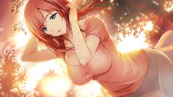 Rule 34 | 1girl, arima shiori, blue eyes, bra, breasts, cowboy shot, dutch angle, evening, floating hair, game cg, heartful maman, hip focus, large breasts, lips, lipstick, long hair, looking at viewer, makeup, onigirikun, outdoors, parted lips, pink shirt, red hair, red lips, see-through, shirt, skirt, solo, standing, sunlight, tree, underwear, white bra, white skirt, wind